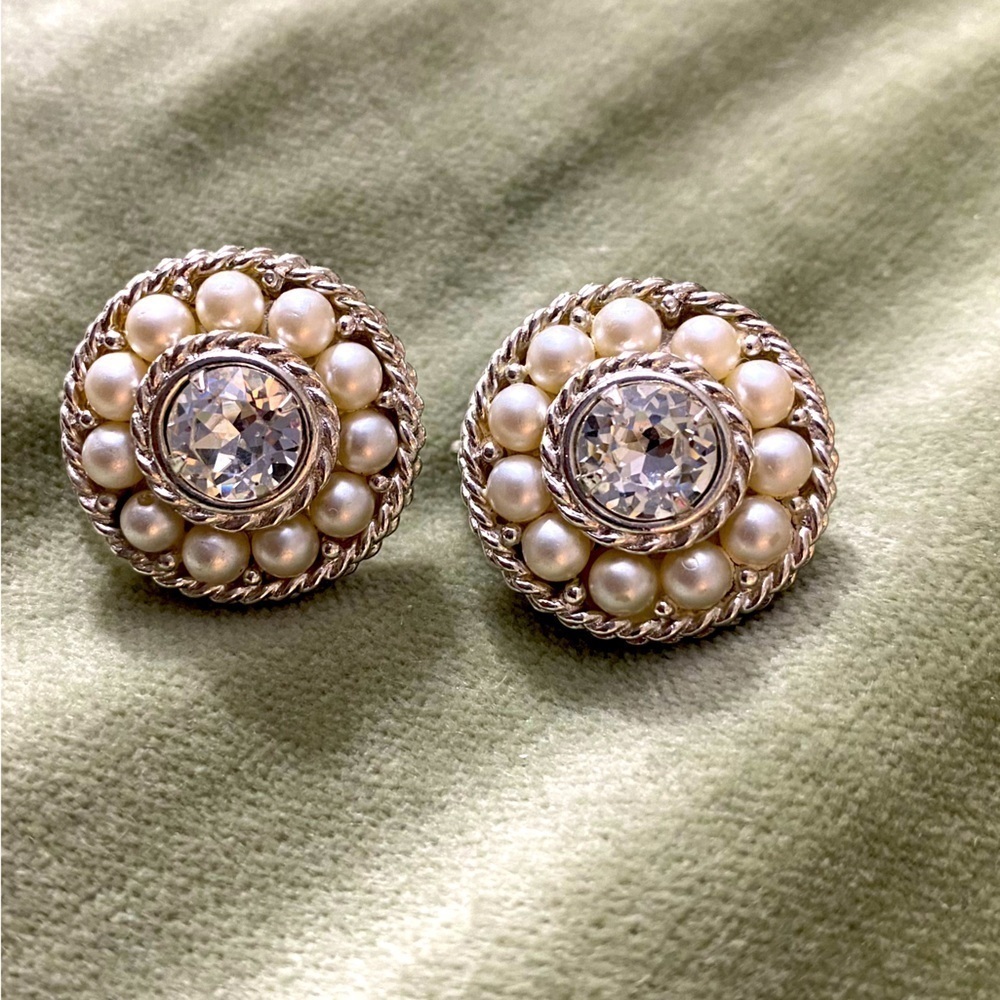 SAC earrings round pearl and rhinestone set in silver for pierced ears  #12-39 - Picture 1 of 6